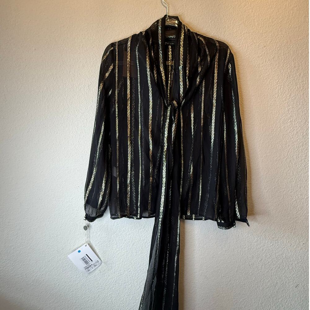 NWT Vanessa Seward Striped Sequins Sheer Tie Neck Blouse Top Black Womens 40 / L